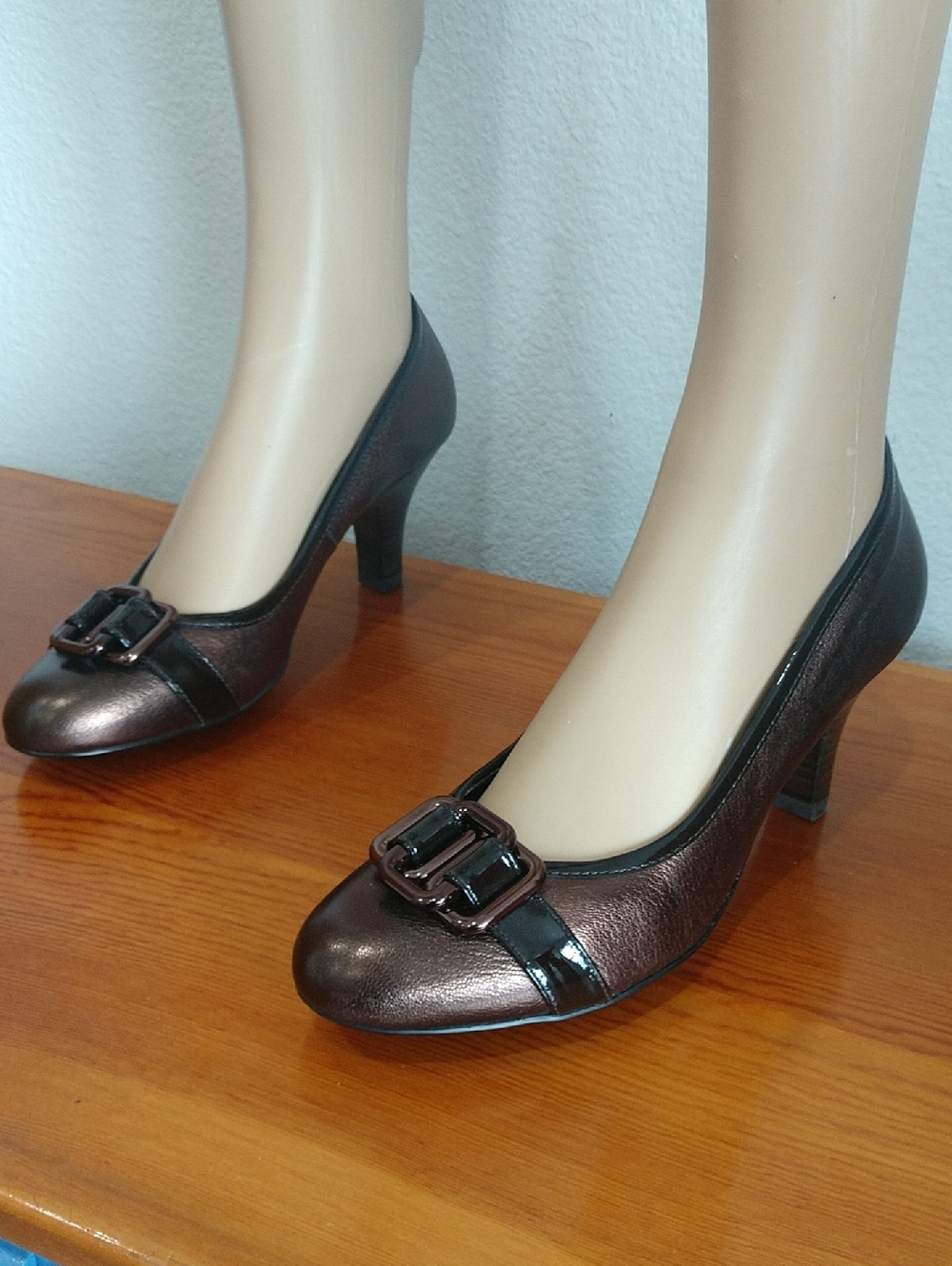 Sofft Metallic Brown Mid-Heel Pumps with Buckle Accent